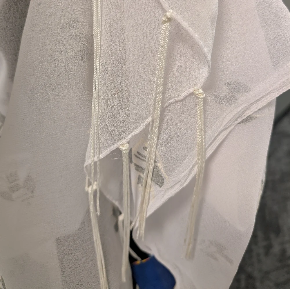 Aremar White Fish Print Scarf Tassel Trim Sheer Novelty Coastal